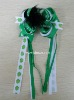 Green white grosgrain with feather wholesale boutique hair bow