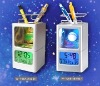 color changing clock pen holder,calendar with pen holder,led light pen holder