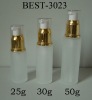 empty pump glass cosmetic bottle with golden sprayer and plastic cap